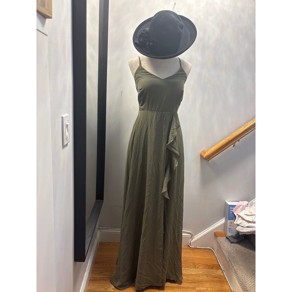 Olive Green V-Neck Maxi Dress Ruffle Side Slit Adjustable Straps Evening Gown‎
